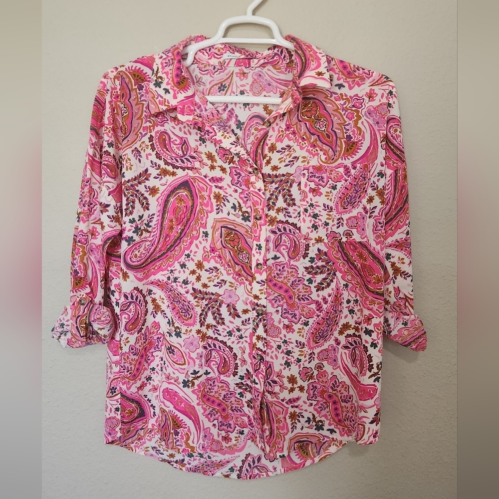 Staccato Womens Floral Paisley Button Down Blouse Hot Pink White Size Small